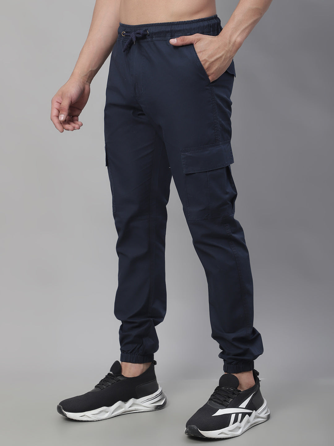 Jainish Men's Casual Cotton Solid Cargo Pants - Navy Blue | Grocsy