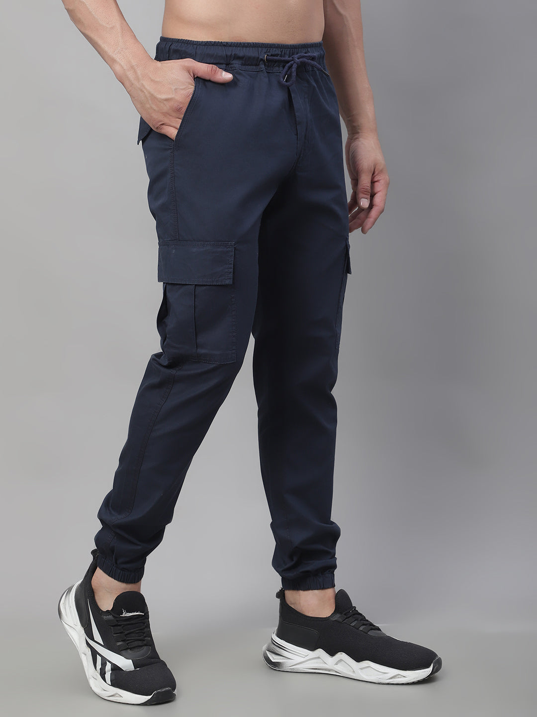 Jainish Men's Casual Cotton Solid Cargo Pants - Navy Blue | Grocsy