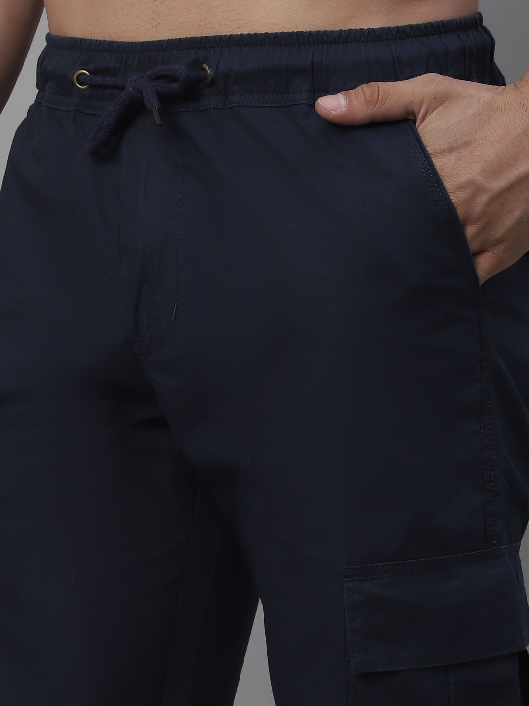 Jainish Men's Casual Cotton Solid Cargo Pants - Navy Blue | Grocsy