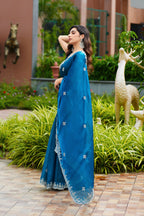 Vastranavya Firozi Embroidery Work Shimmer Chiffon Saree with Unstitched Blouse | Grocsy
