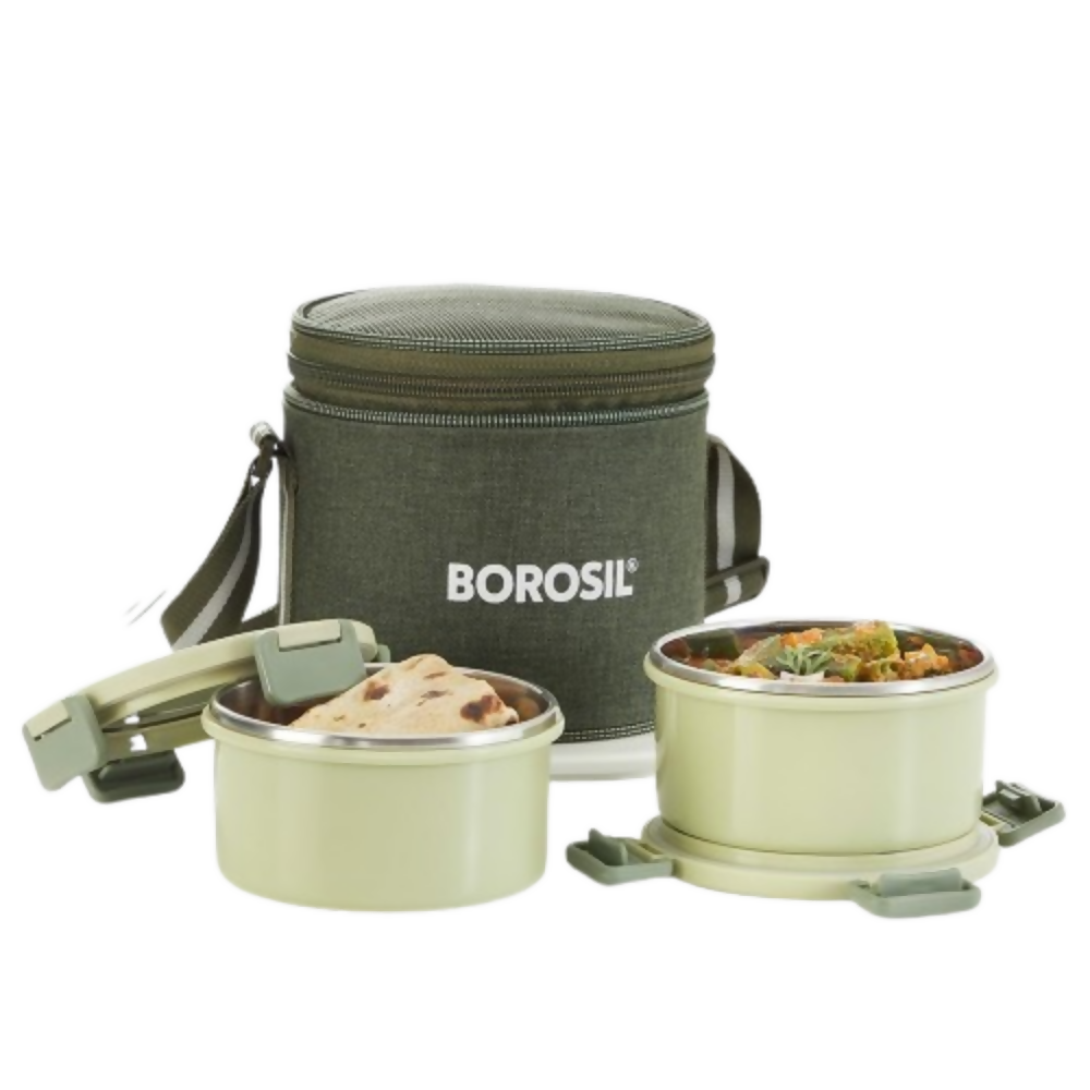 Borosil Glory Green Stainless Steel Lunch Box with Bag | Grocsy
