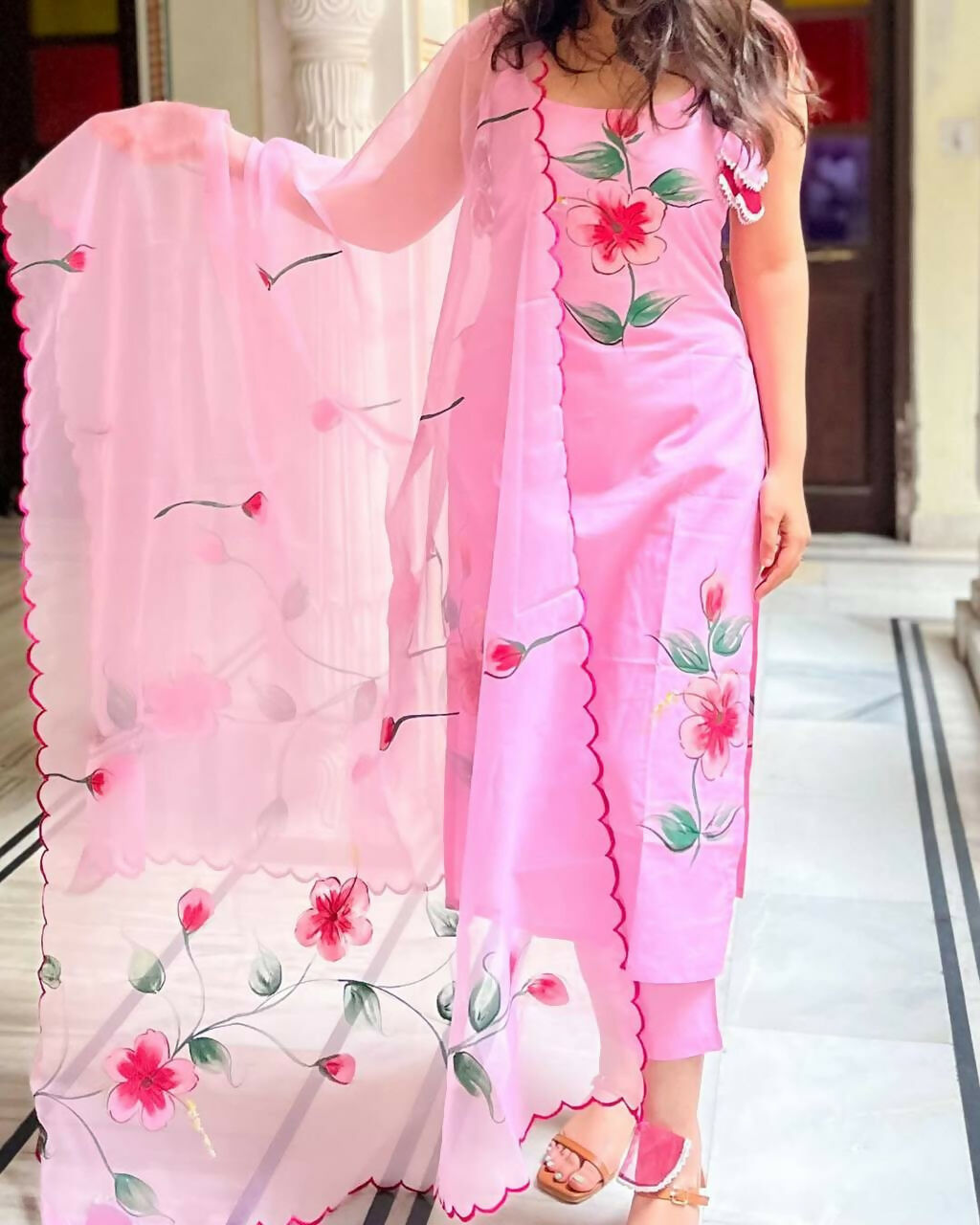 The52 Pink Women's Gorgeous Printed Viscose Fabric Straight Kurta Pant with Dupatta Set | Grocsy