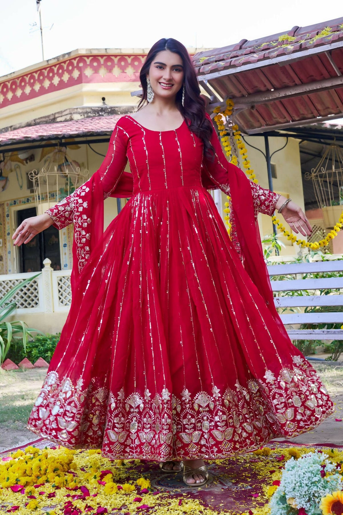 Teeya Creation Womens Casual Party Wear Heavy 5mm Sequence Embroidery Work Pink Gown Set | Grocsy
