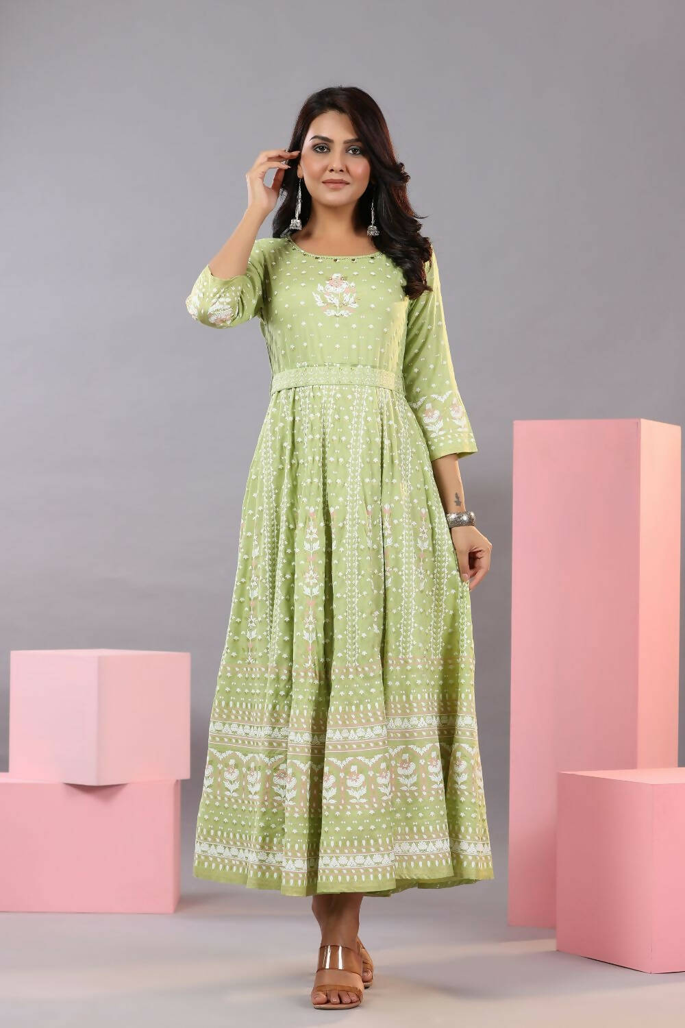 Juniper Women Green Rayon Staple Printed Maxi Dress | Grocsy