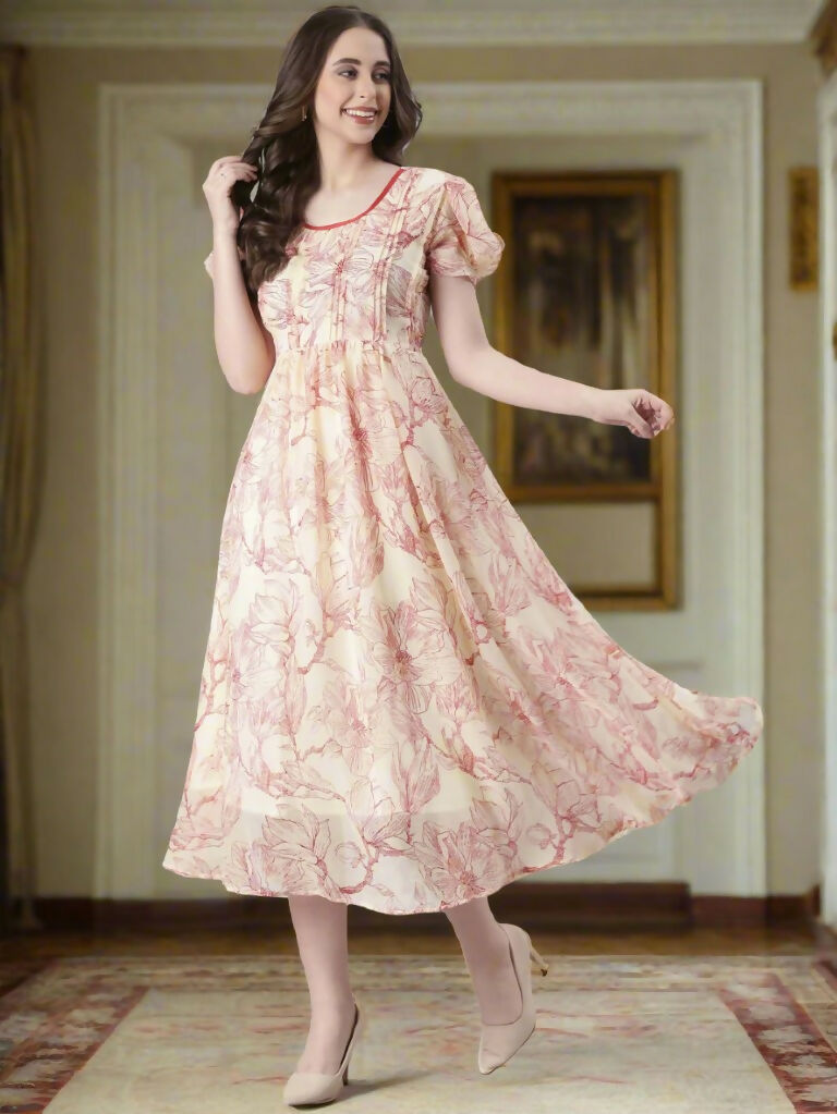 Souchii Cream & Red Floral Printed Fit & Flare Dress | Grocsy