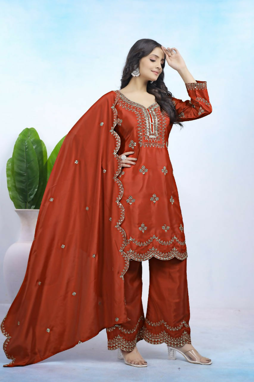 Teeya Creation Dark Orange Color Natural Crepe Silk Wedding Wear Trending Salwar Suit | Grocsy