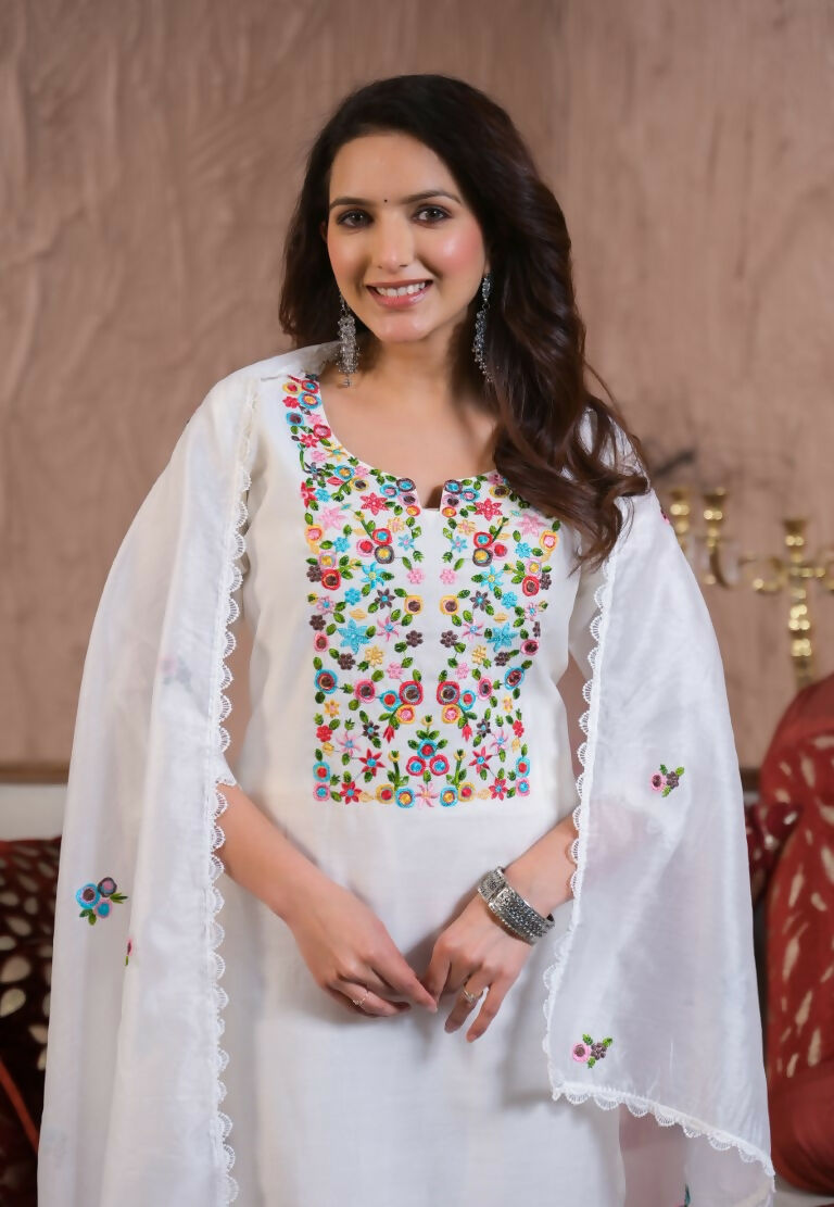 Ethnic Festive Wear Chanderi with Cotton Lining White Stitched Suit With Dupatta - Tanisha | Grocsy