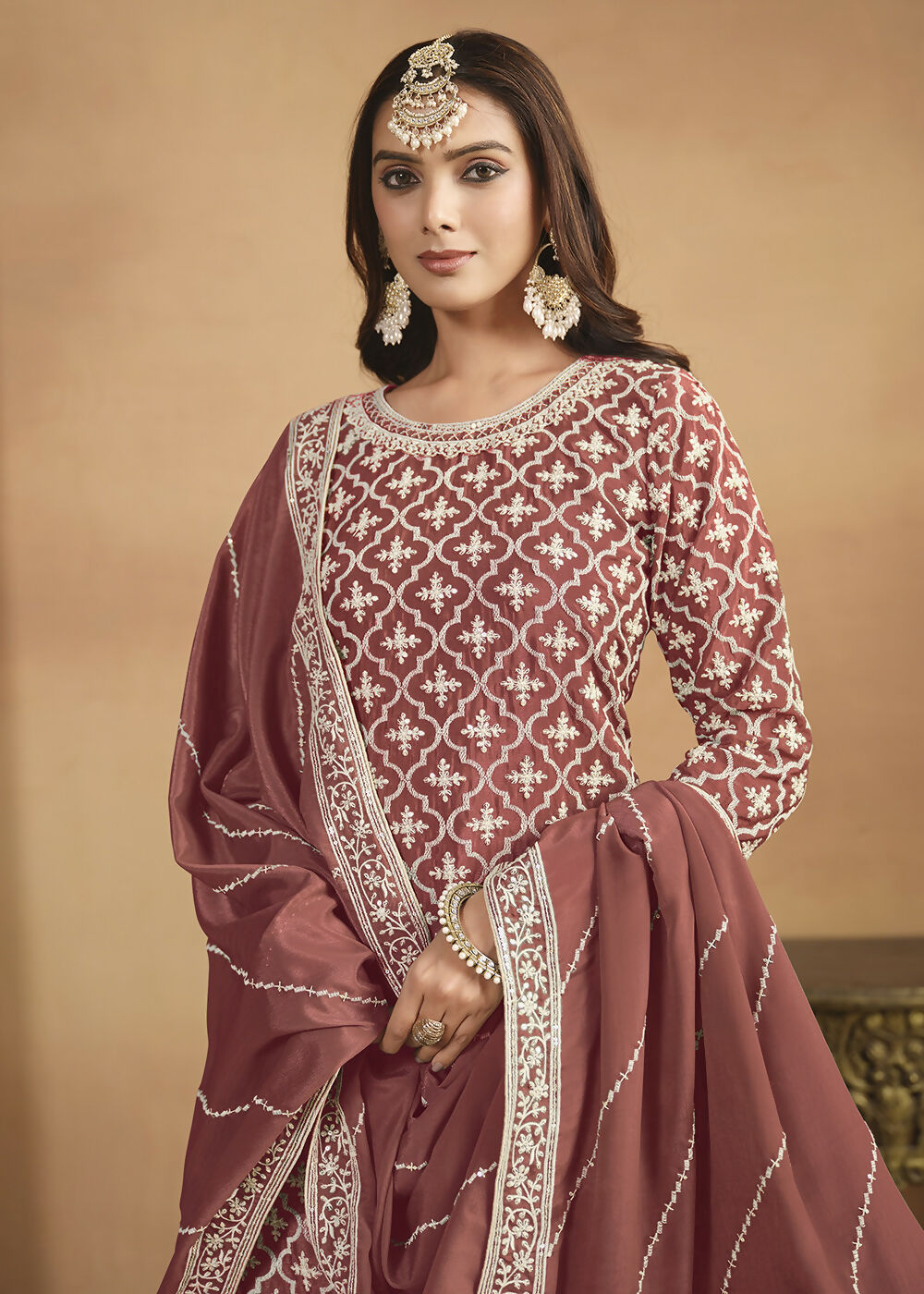Chinnon Peach Multicolor Embroidered Lehenga Style Suit - Emponline | Grocsy