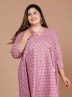 Miravan Women's Plus Size Pink Floral Printed Cotton Anarkali Kurta With Dupatta | Grocsy