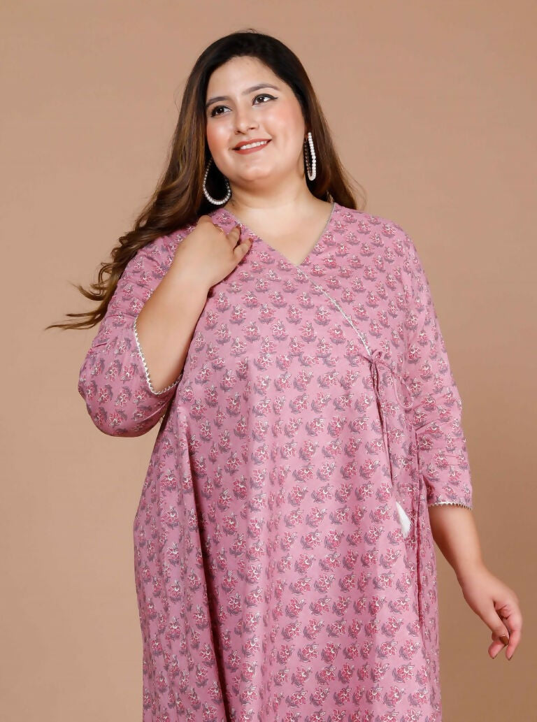 Miravan Women's Plus Size Pink Floral Printed Cotton Anarkali Kurta With Dupatta | Grocsy