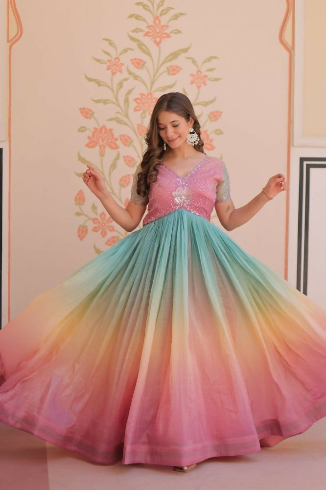 Vastranavya Lavender Gold Crush Padding With Beads Embroidered Work Gown | Grocsy