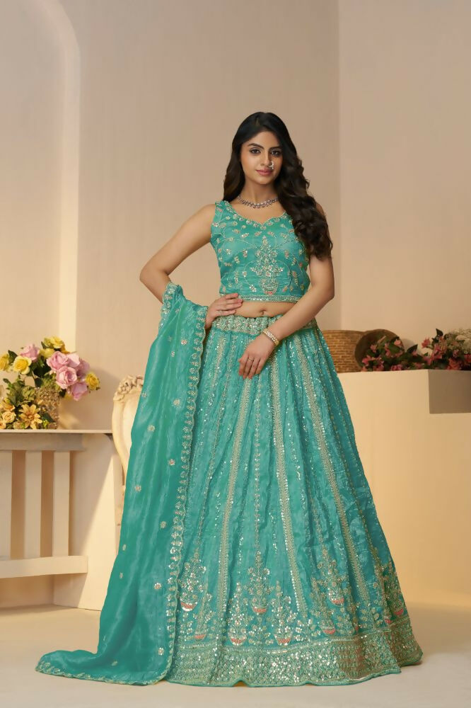 Kesar Fab Sky-Blue Silk Hand_Woven Lehenga | Grocsy