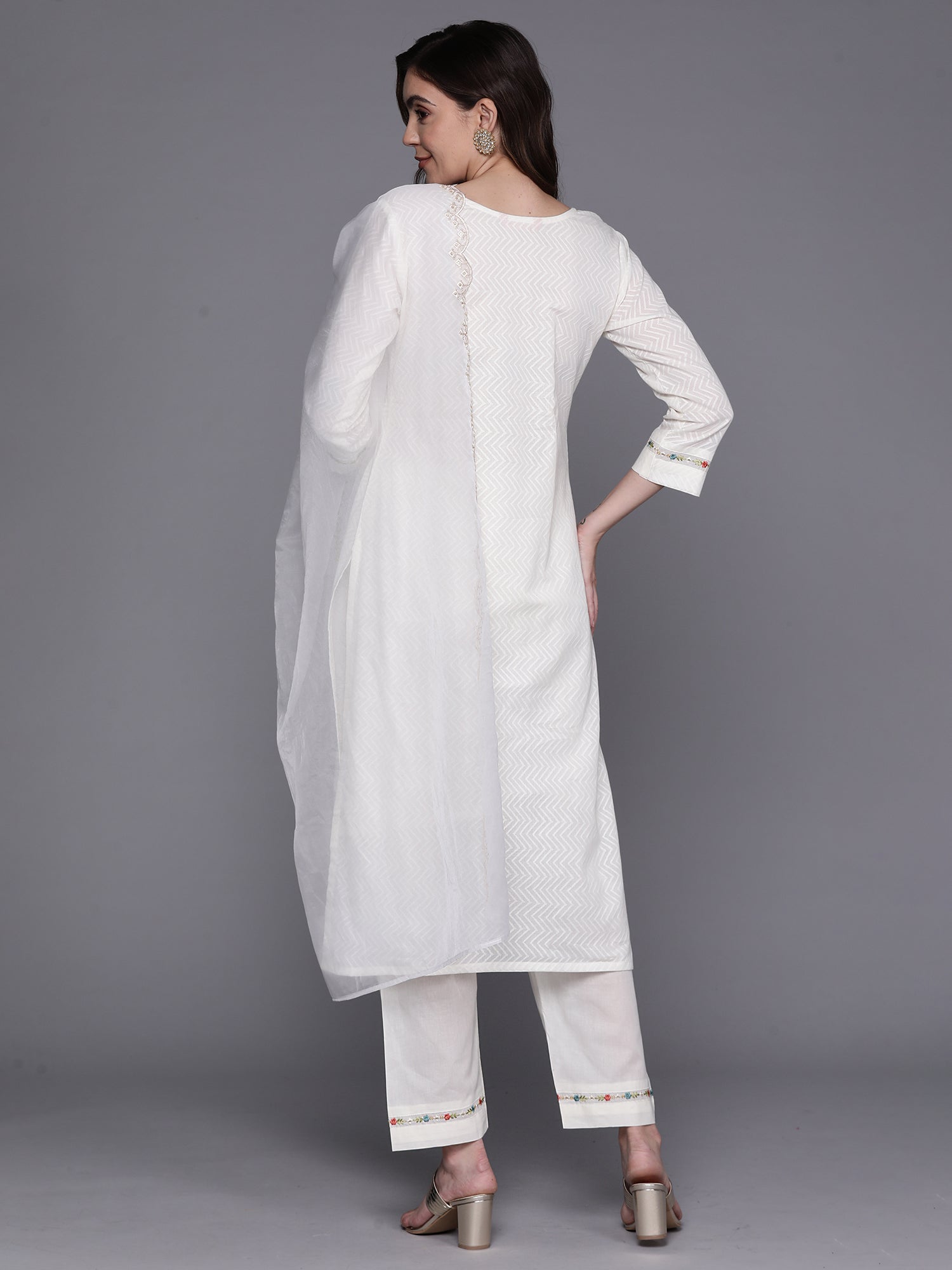 Indo Era White Embroidered Straight Kurta Trousers With Dupatta Set | Grocsy