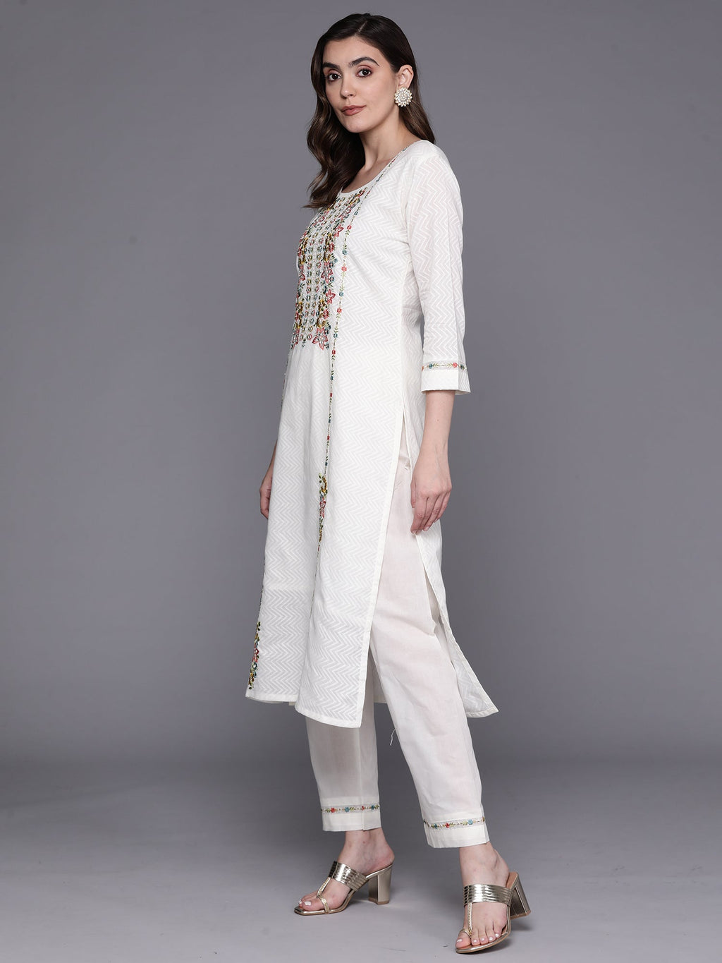 Indo Era White Embroidered Straight Kurta Trousers With Dupatta Set | Grocsy