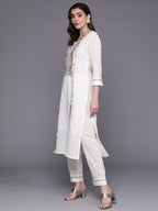 Indo Era White Embroidered Straight Kurta Trousers With Dupatta Set | Grocsy