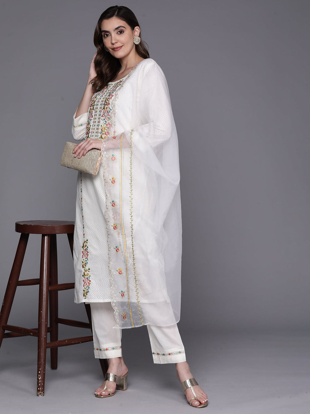Indo Era White Embroidered Straight Kurta Trousers With Dupatta Set | Grocsy