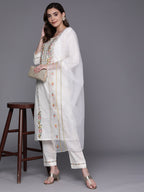 Indo Era White Embroidered Straight Kurta Trousers With Dupatta Set | Grocsy