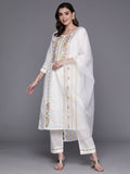 Indo Era White Embroidered Straight Kurta Trousers With Dupatta Set | Grocsy
