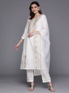 Indo Era White Embroidered Straight Kurta Trousers With Dupatta Set | Grocsy