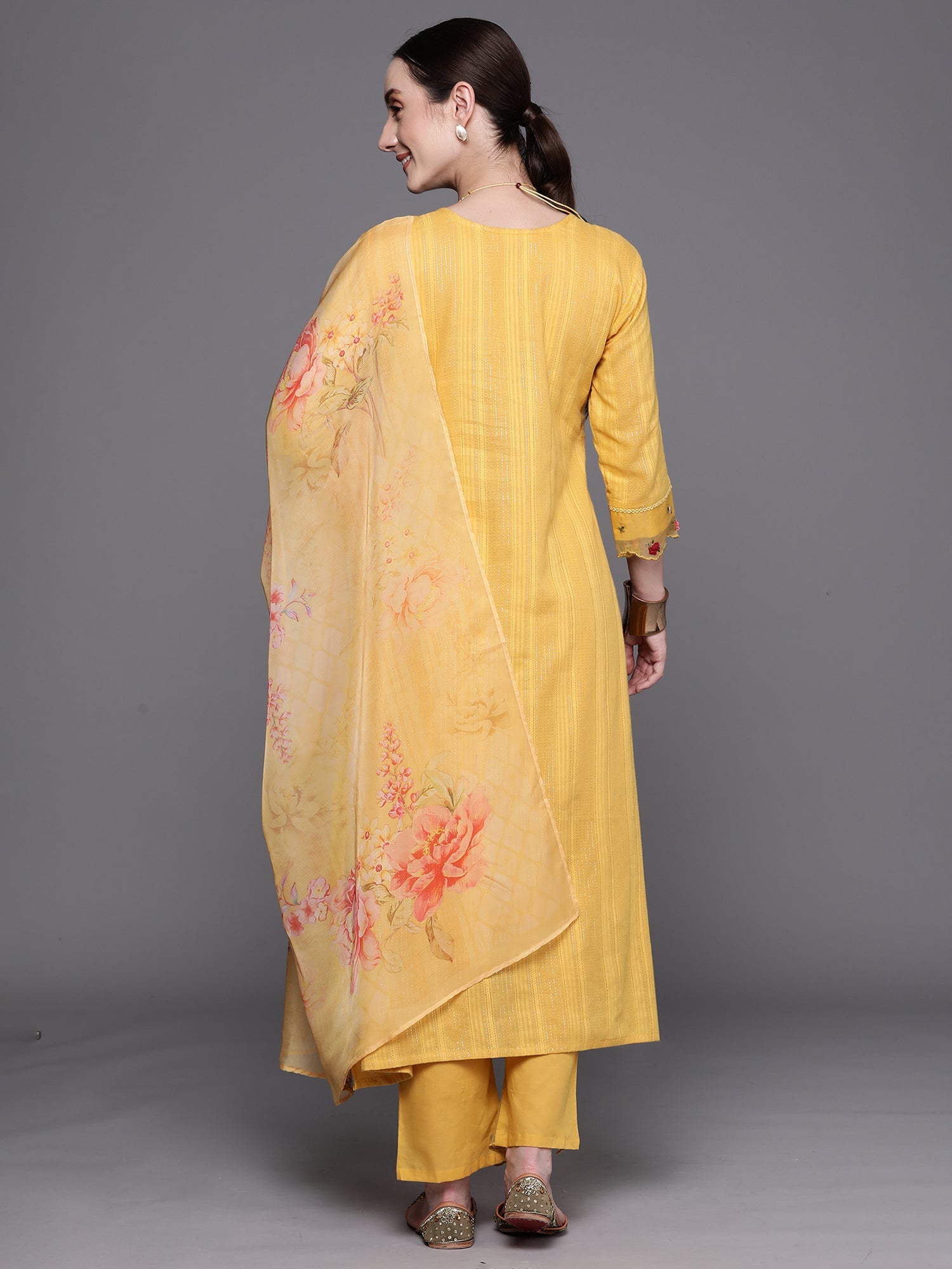 Indo Era Yellow Embroidered A-Line Kurta Trousers With Dupatta Set | Grocsy