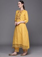 Indo Era Yellow Embroidered A-Line Kurta Trousers With Dupatta Set | Grocsy