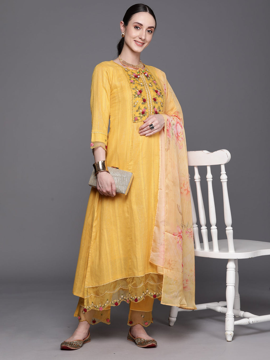 Indo Era Yellow Embroidered A-Line Kurta Trousers With Dupatta Set | Grocsy