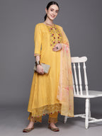 Indo Era Yellow Embroidered A-Line Kurta Trousers With Dupatta Set | Grocsy