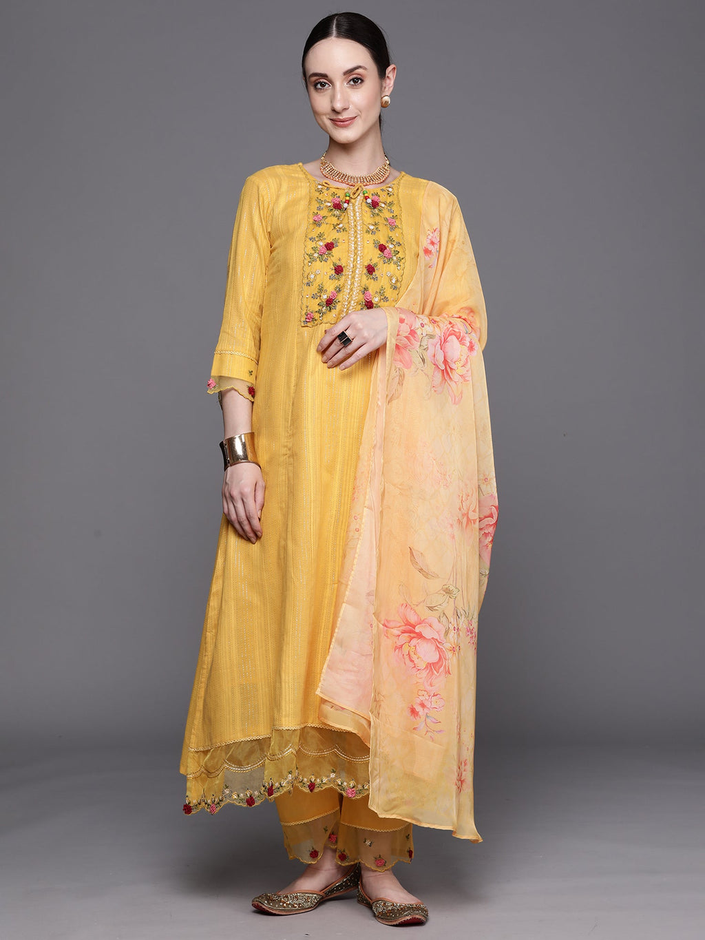 Indo Era Yellow Embroidered A-Line Kurta Trousers With Dupatta Set | Grocsy