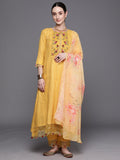 Indo Era Yellow Embroidered A-Line Kurta Trousers With Dupatta Set | Grocsy