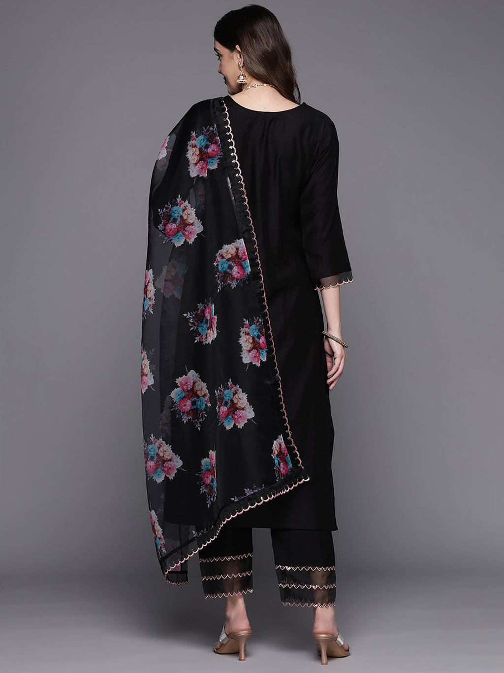Indo Era Black Embroidered Straight Kurta Trousers With Dupatta Set | Grocsy