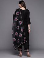 Indo Era Black Embroidered Straight Kurta Trousers With Dupatta Set | Grocsy