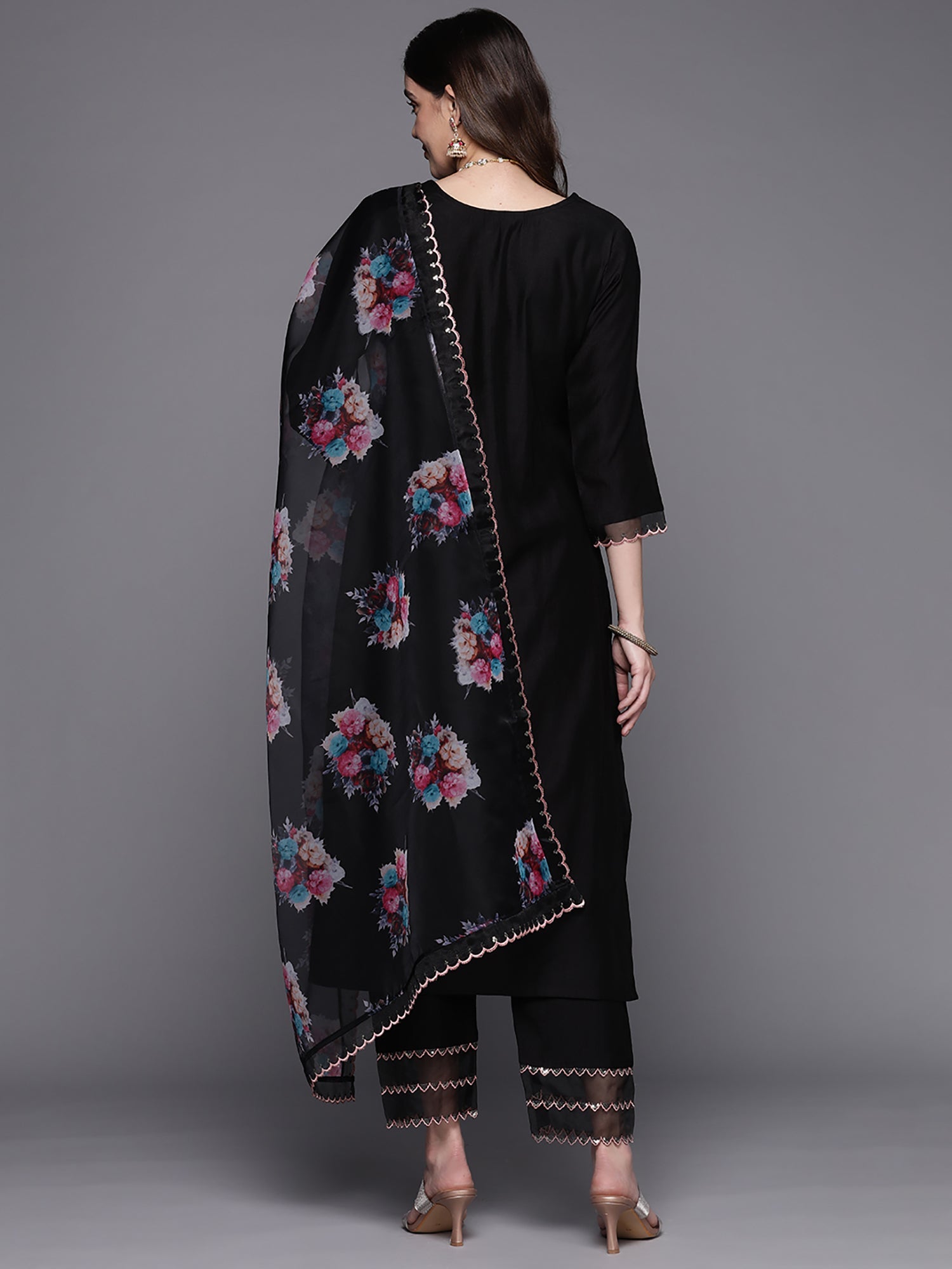 Indo Era Black Embroidered Straight Kurta Trousers With Dupatta Set | Grocsy