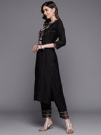 Indo Era Black Embroidered Straight Kurta Trousers With Dupatta Set | Grocsy