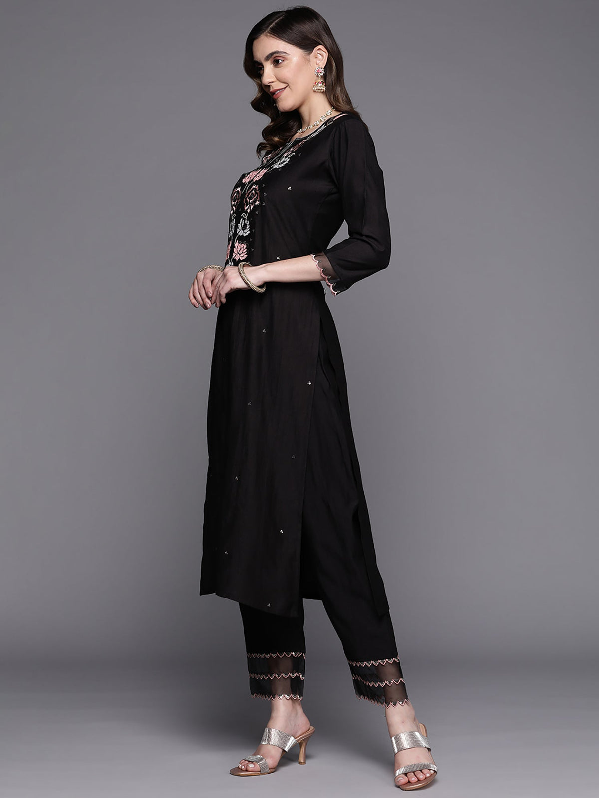 Indo Era Black Embroidered Straight Kurta Trousers With Dupatta Set | Grocsy