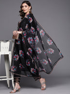 Indo Era Black Embroidered Straight Kurta Trousers With Dupatta Set | Grocsy