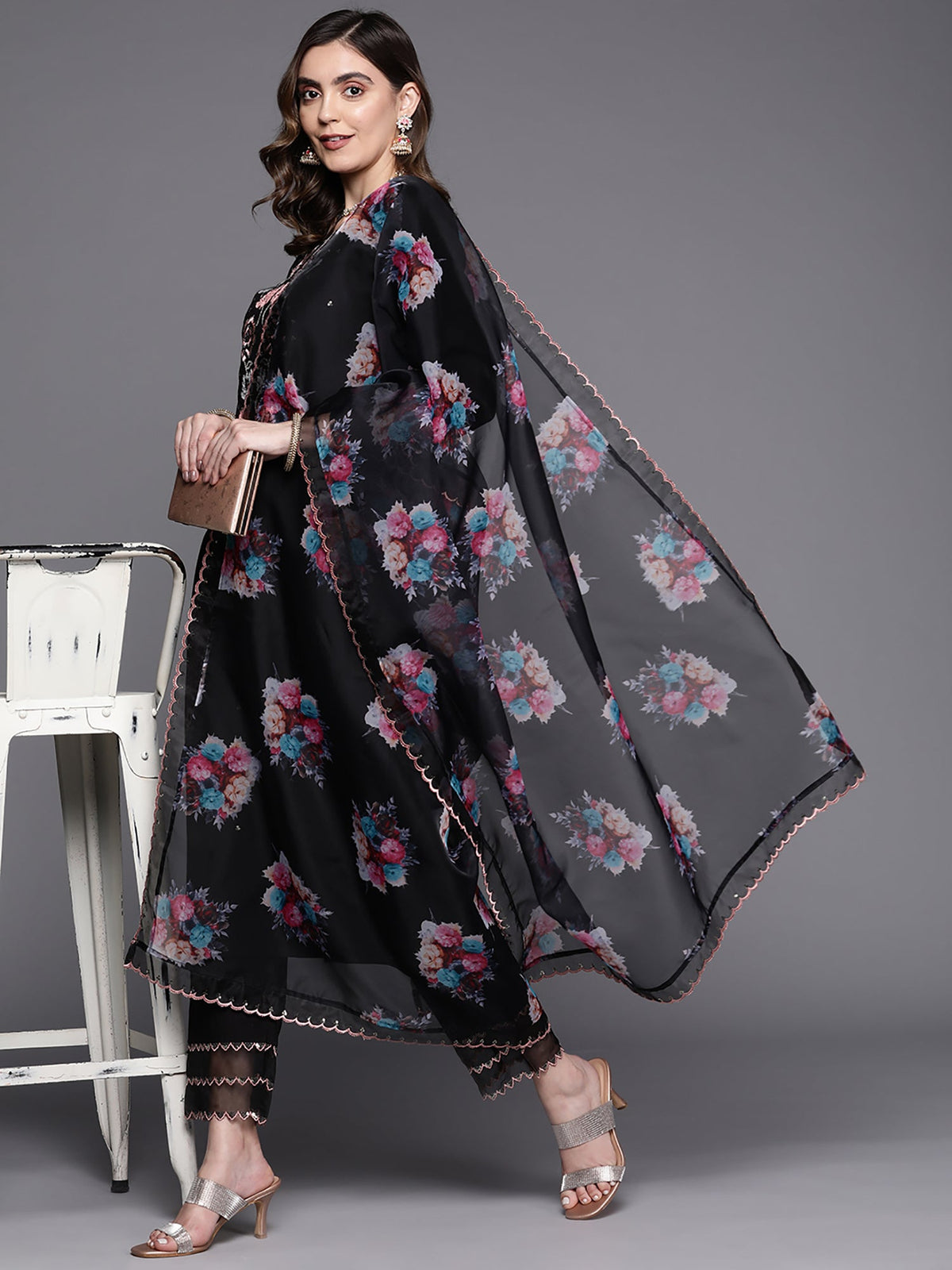 Indo Era Black Embroidered Straight Kurta Trousers With Dupatta Set | Grocsy