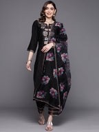 Indo Era Black Embroidered Straight Kurta Trousers With Dupatta Set | Grocsy