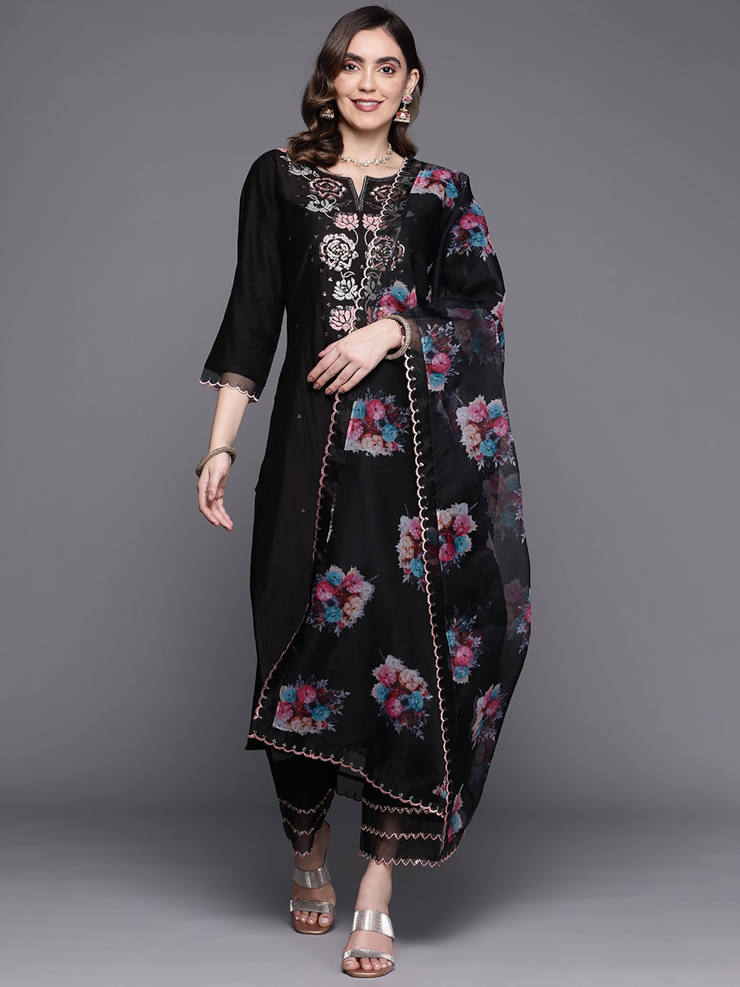 Indo Era Black Embroidered Straight Kurta Trousers With Dupatta Set | Grocsy