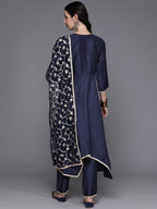 Indo Era Navy Blue Solid A-Line Kurta Trousers With Dupatta Set | Grocsy