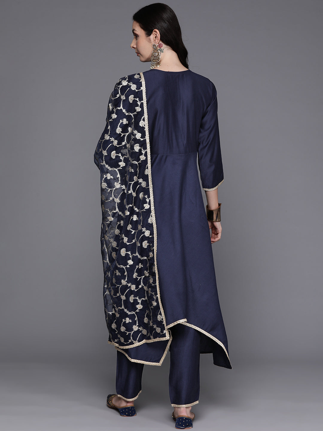 Indo Era Navy Blue Solid A-Line Kurta Trousers With Dupatta Set | Grocsy