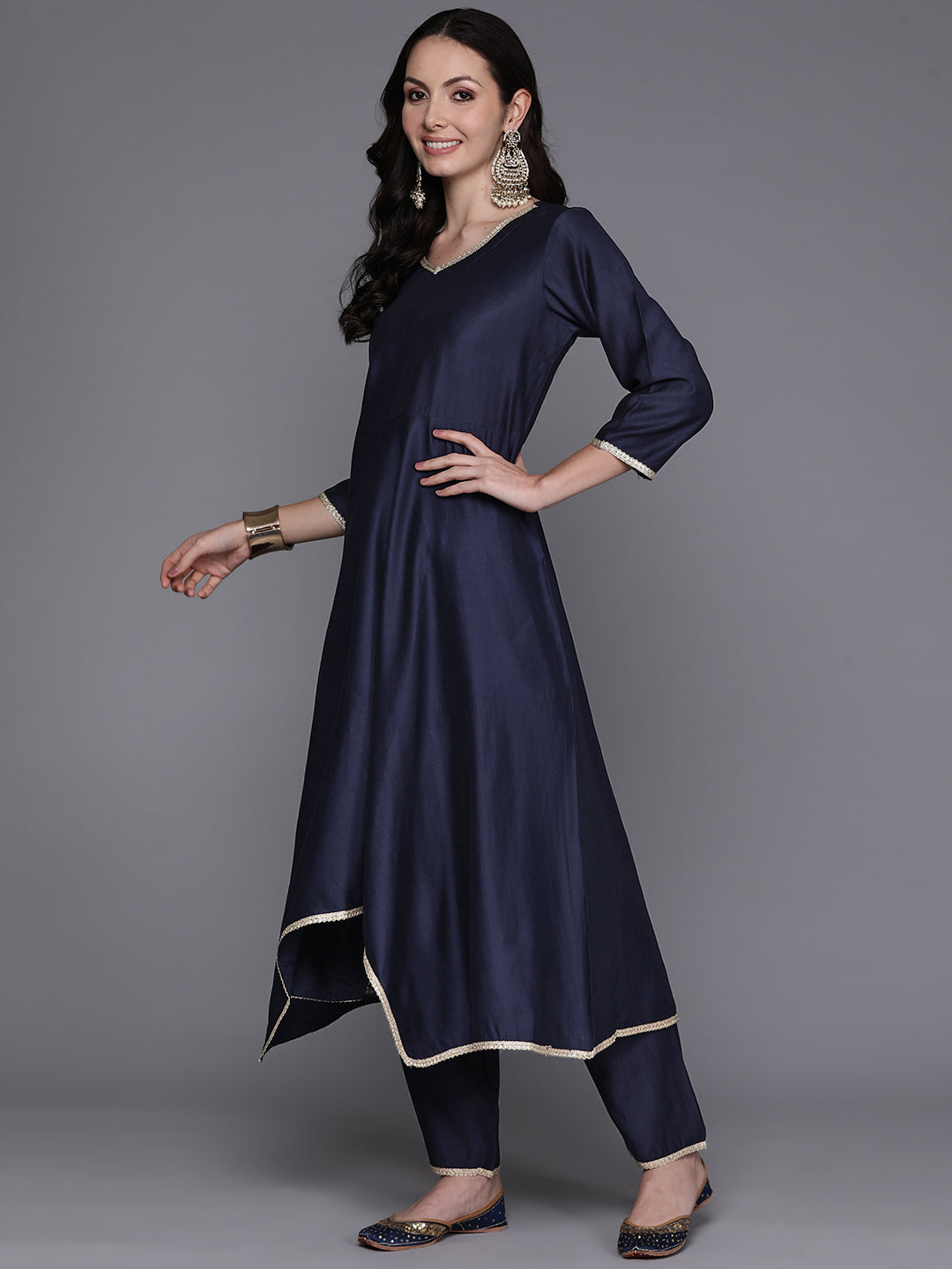 Indo Era Navy Blue Solid A-Line Kurta Trousers With Dupatta Set | Grocsy