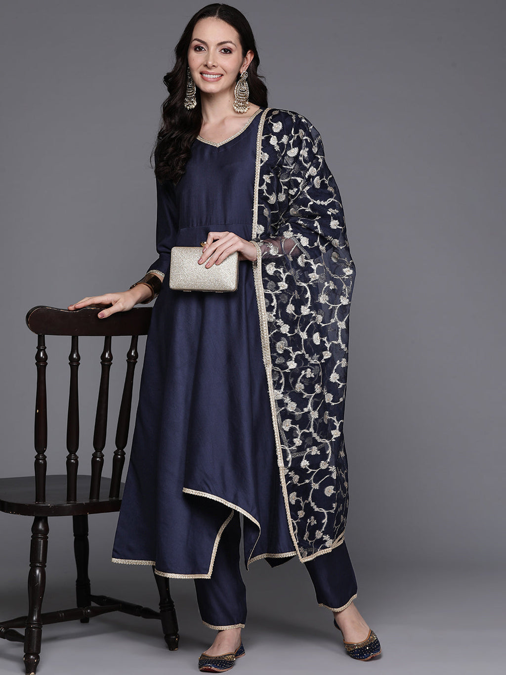 Indo Era Navy Blue Solid A-Line Kurta Trousers With Dupatta Set | Grocsy