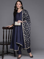 Indo Era Navy Blue Solid A-Line Kurta Trousers With Dupatta Set | Grocsy