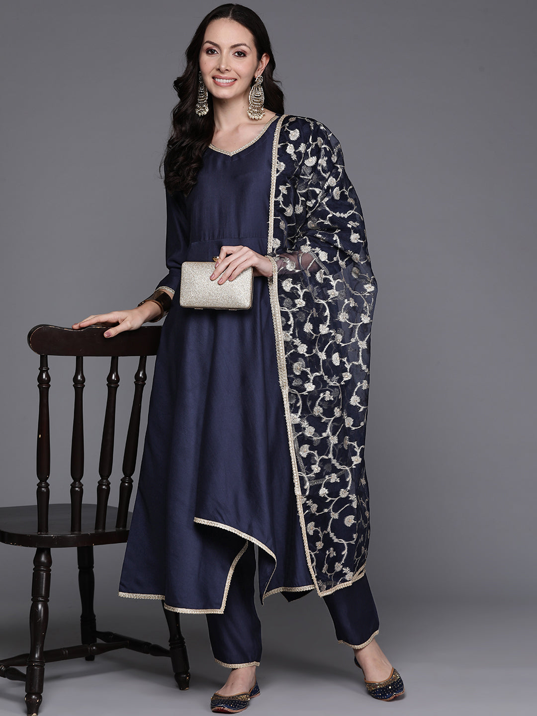Indo Era Navy Blue Solid A-Line Kurta Trousers With Dupatta Set | Grocsy
