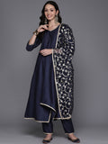 Indo Era Navy Blue Solid A-Line Kurta Trousers With Dupatta Set | Grocsy