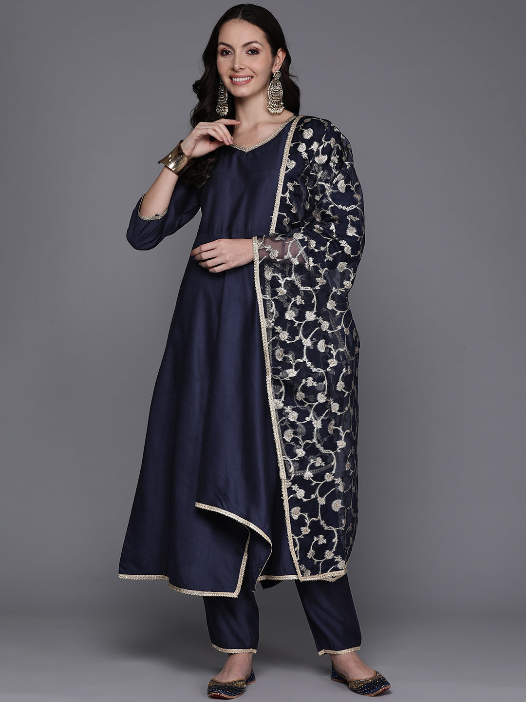 Indo Era Navy Blue Solid A-Line Kurta Trousers With Dupatta Set | Grocsy