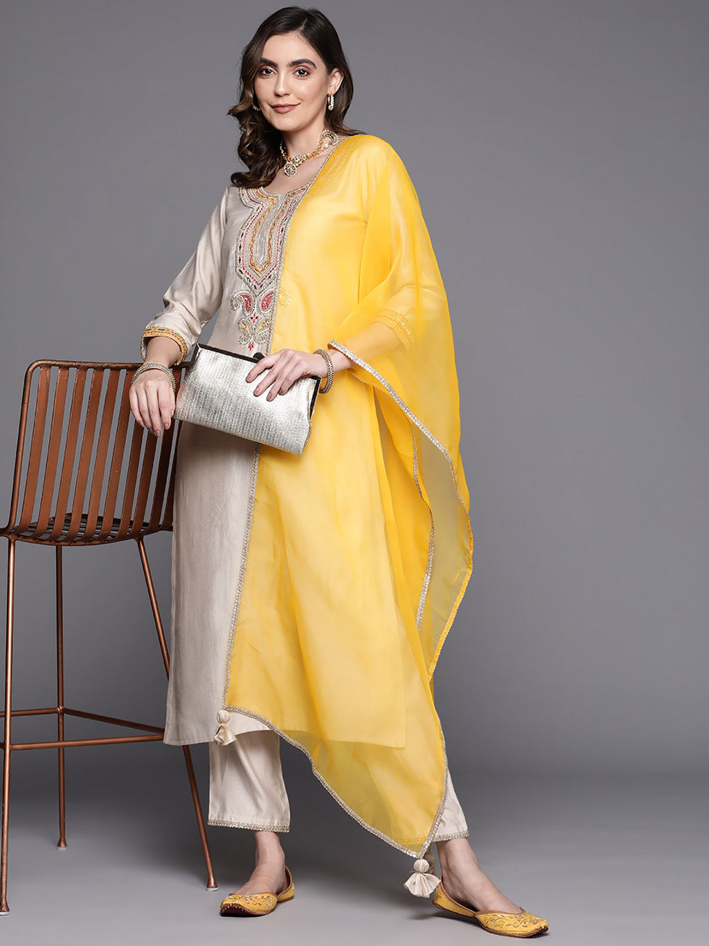 Indo Era Off White Embroidered Straight Kurta Trousers With Dupatta Set | Grocsy