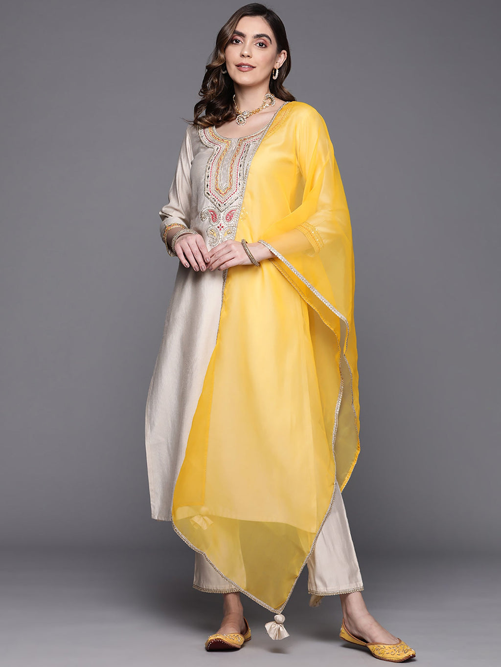 Indo Era Off White Embroidered Straight Kurta Trousers With Dupatta Set | Grocsy