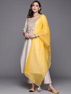 Indo Era Off White Embroidered Straight Kurta Trousers With Dupatta Set | Grocsy