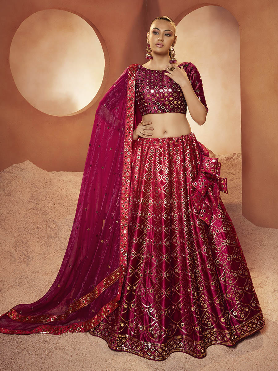 Myra Magenta Velvet Embroidered Designer Lehenga Choli | Grocsy